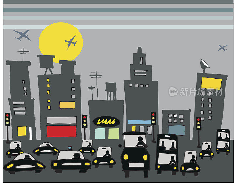 城市交通，建筑和飞机的矢量插图。