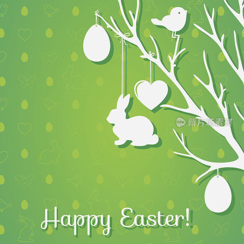 复活节树上无缝的图案有蛋、兔子、小鸟，听