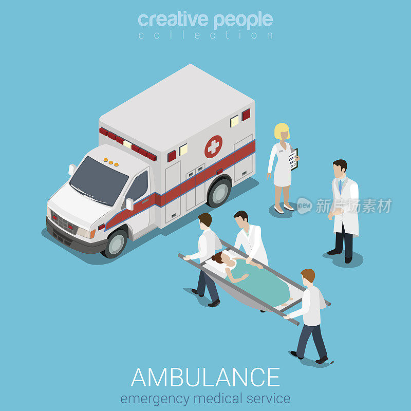 平面三维等距式救护车紧急医疗后送事故概念网络信息图矢量插图。护理员抬病人担架。创意人士网站概念集合。