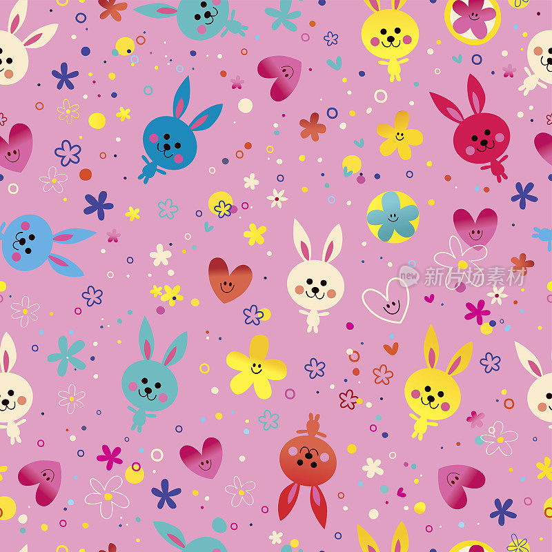 可爱的小兔子心形和花朵图案无缝衔接
