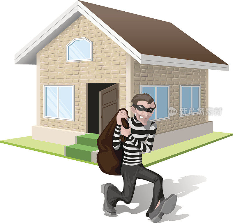 戴面具的强盗拿着包。小偷抢房子。财产保险