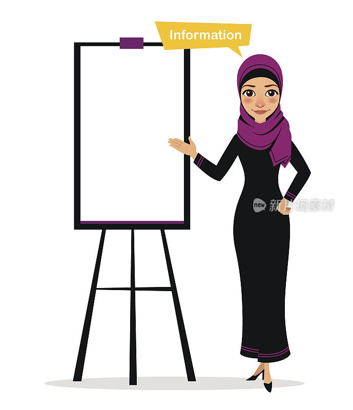 阿拉伯女商人形象站在白板旁。