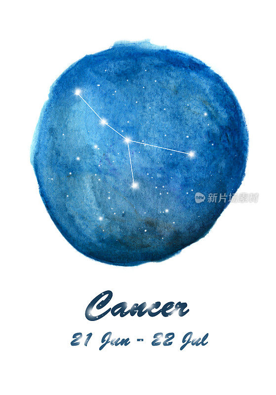 巨蟹座:黄道十二宫的星座巨蟹座在宇宙中的恒星空间。蓝色星空内圆背景。星系空间设计星座图标