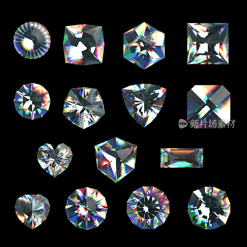 3d晶体，组合切割宝石，清楚的珠宝，钻石和辉煌