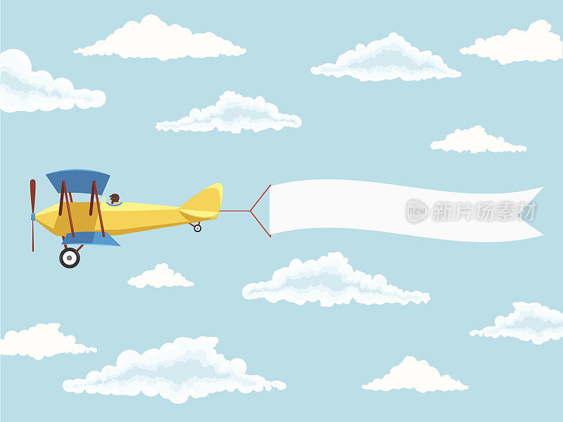 有飞行员和广告横幅的飞机在多云的天空中