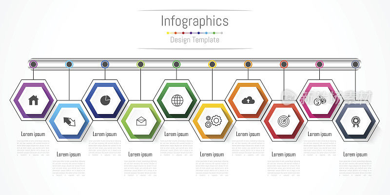 信息图形设计元素为您的业务与10个选项，部分，步骤或流程，矢量插图。