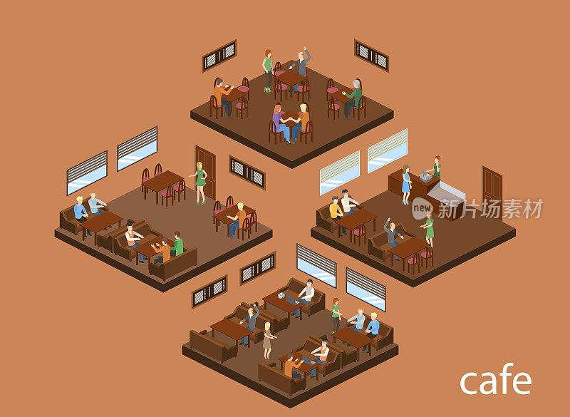 等距三维矢量插图设计咖啡厅室内，咖啡厅有服务员和游客