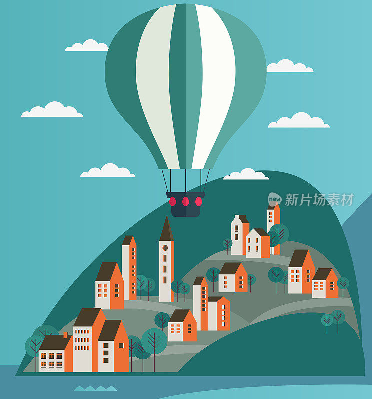 热气球飞过美丽的城镇和山丘。自然、露营、旅游、度假和度假矢量概念