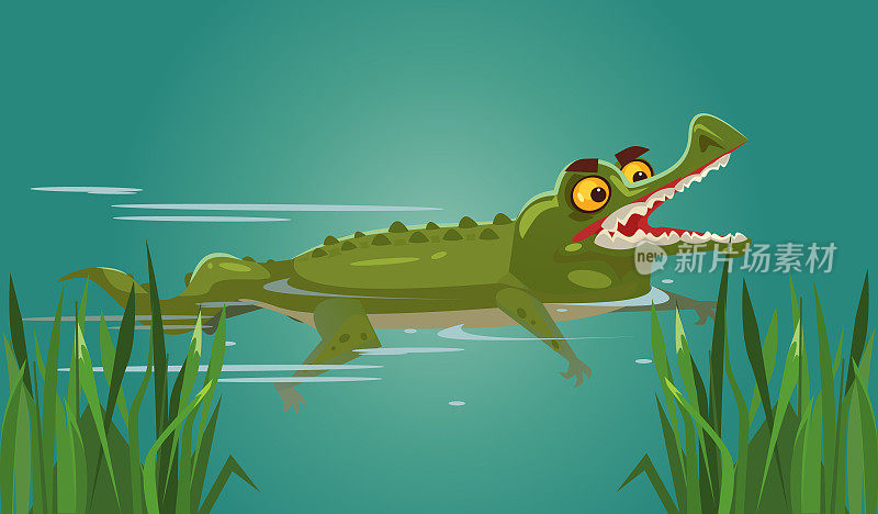 快乐微笑的鳄鱼角色游泳
