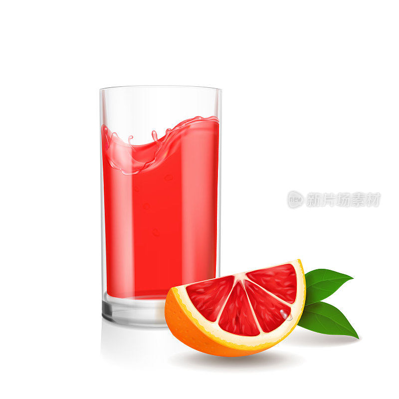 玻璃杯里的葡萄柚汁。红汁喷溅向量