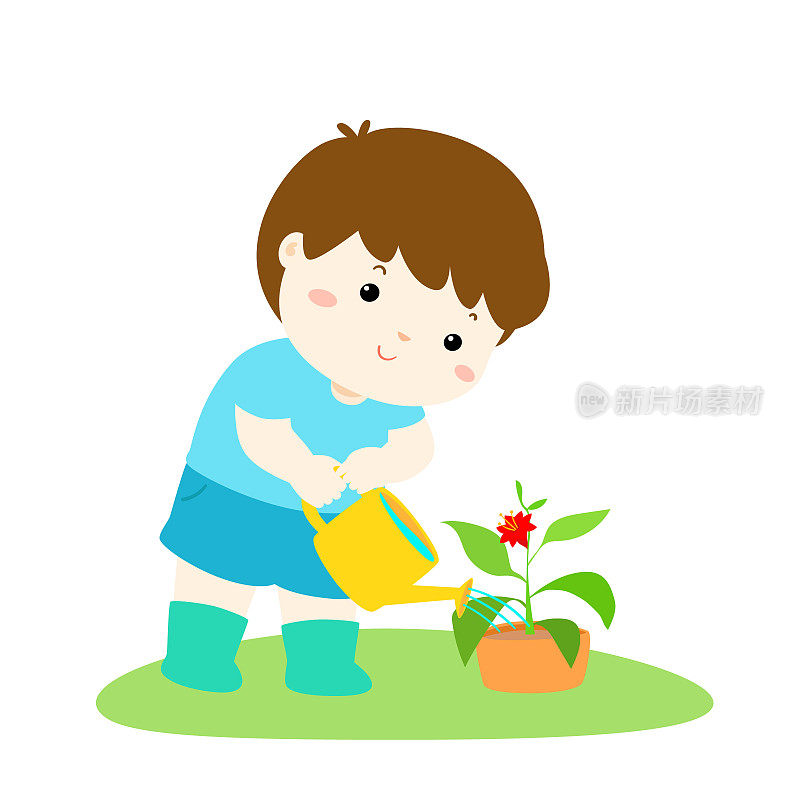 可爱的卡通男孩浇灌植物向量。