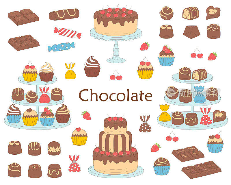 巧克力甜点收集，巧克力樱桃蛋糕，巧克力棒，甜糖果和纸杯蛋糕，矢量插图