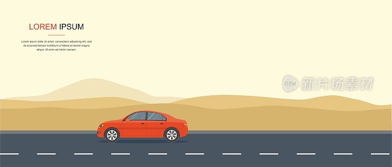 红色汽车在沙漠的路上行驶