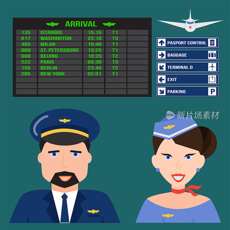 飞行员和空姐在制服机场性格飞行飞机旅行人员空乘专业人员矢量插图