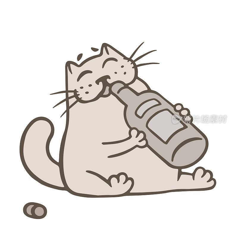 卡通猫拿着一瓶酒，喝着酒