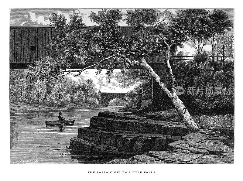 美国新泽西州小瀑布下的Passiac河，美国维多利亚版画，1872年