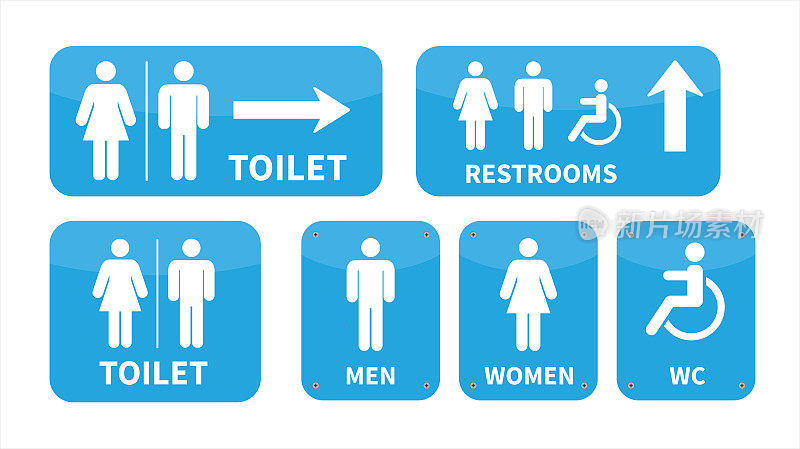 设置厕所的迹象。男女厕所标志右箭头。残疾人轮椅图标。矢量图