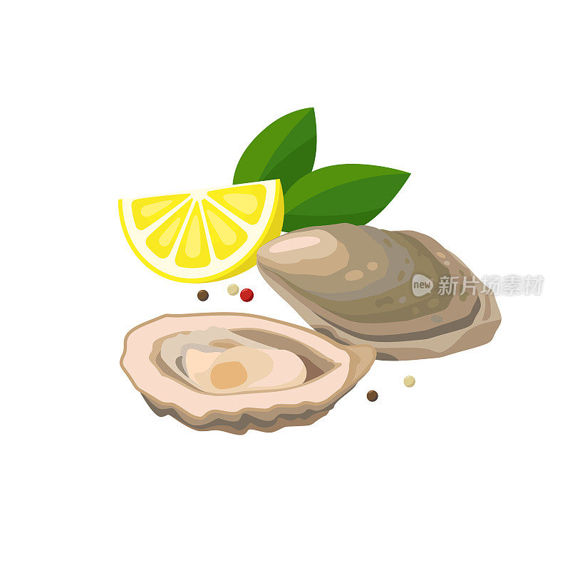 牡蛎与柠檬矢量插图在平面设计孤立在白色背景。