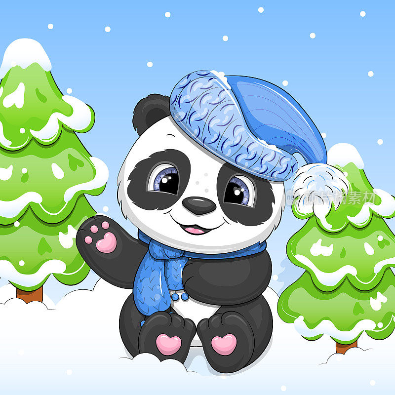 一只戴着帽子和围巾的可爱卡通熊猫坐在梧桐树旁边。