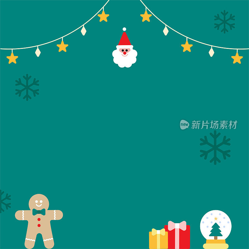 可爱的圣诞快乐新年快乐圣诞老人姜饼人礼物礼物圣诞雪花星星装饰灯方形明信片海报促销横幅绿色背景复制空间模板