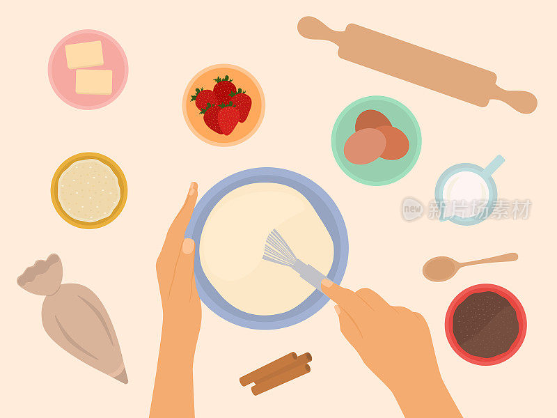 手拿搅拌器和混合配料在碗里烤蛋糕的顶视图。面粉，鸡蛋，擀面杖和桌子上的其他设备
