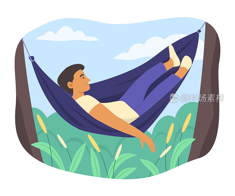 男人躺在吊床上放松，享受户外生活