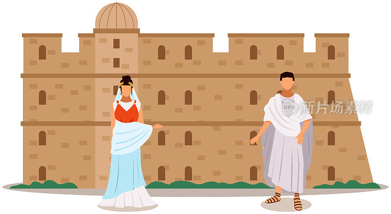 罗马要塞，古代居民城市居民站在古建筑附近的城镇广场