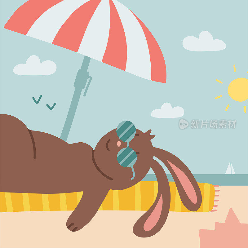 手绘夏日风景，在沙滩上戴墨镜的可爱兔子，躺在遮阳伞下的条纹毛巾上。孤立的对象。设计概念的孩子。矢量平面插图。