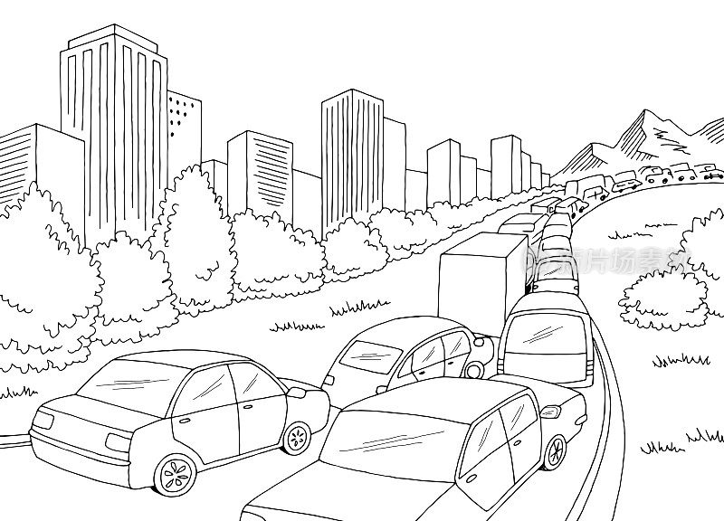 交通堵塞街道道路图形黑色白色城市景观素描插图矢量