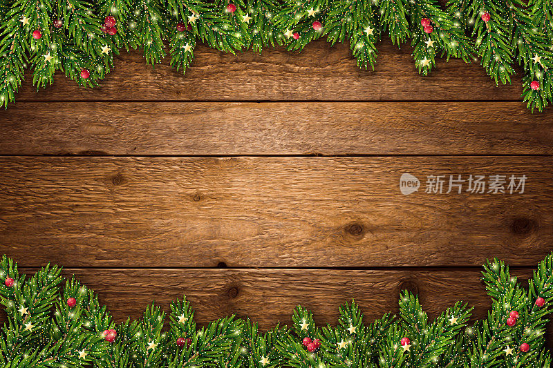圣诞和新年的背景与冷杉树枝，闪光，圣诞饰品和灯在乡村木板