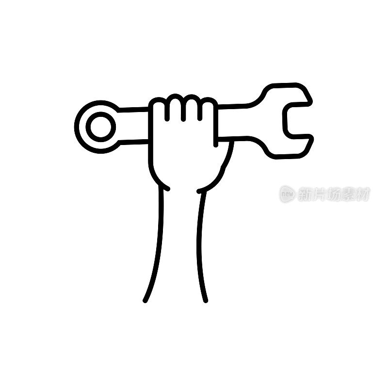 手握扳手图标。修理工扳手在手上的标志。矢量插图孤立在白色背景上。