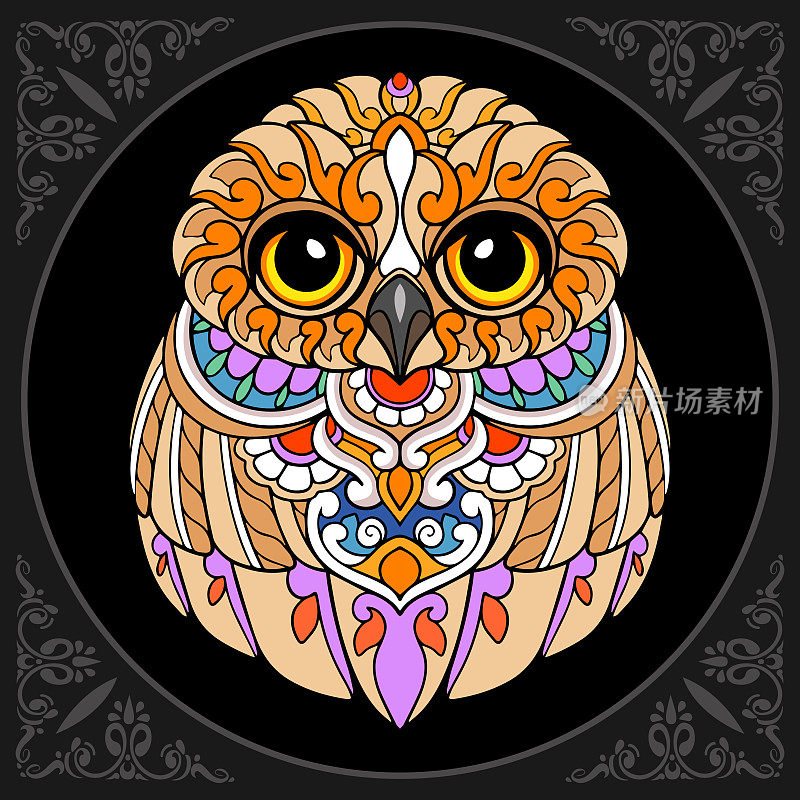 彩色猫头鹰鸟曼荼罗艺术孤立在黑色背景