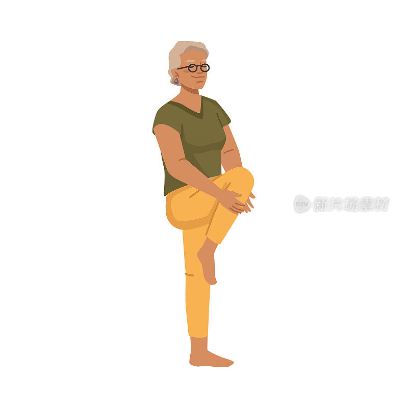 外婆做运动伸伸腿，孤僻的老年妇女健身。培养老年女性性格放松。矢量平面卡通风格