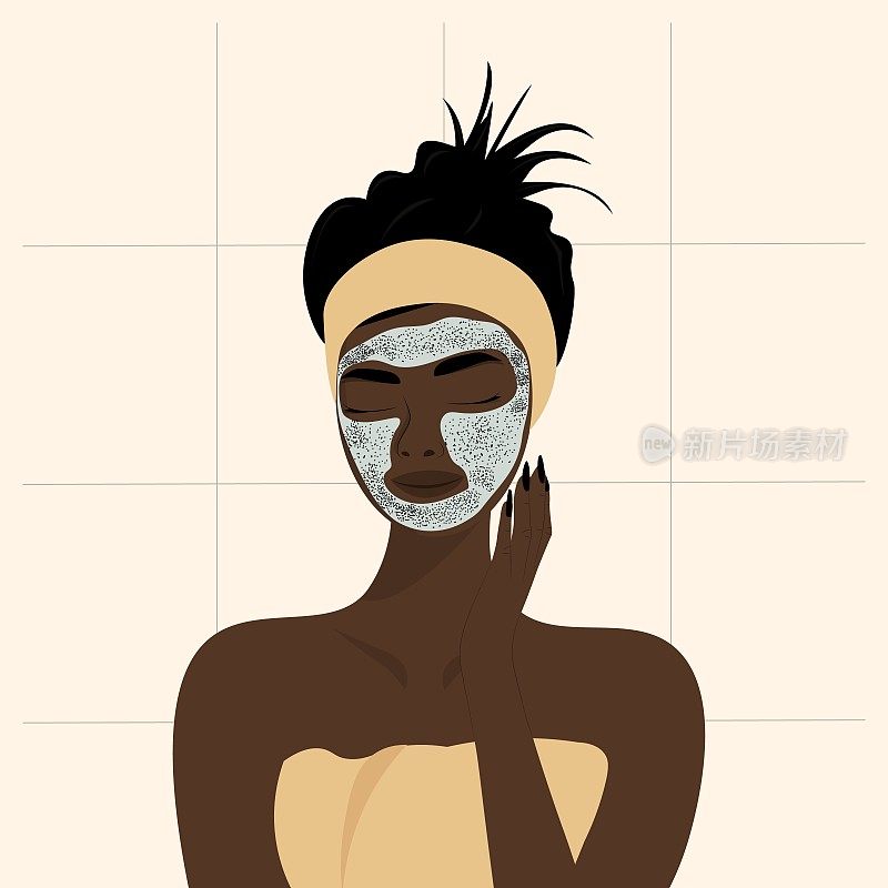 年轻的深色皮肤女性在洗澡后将磨砂膏涂在脸上。俯视图矢量图
