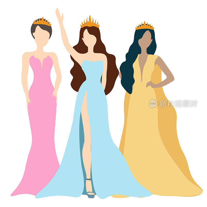 三个美女皇后在白色背景上的矢量插图