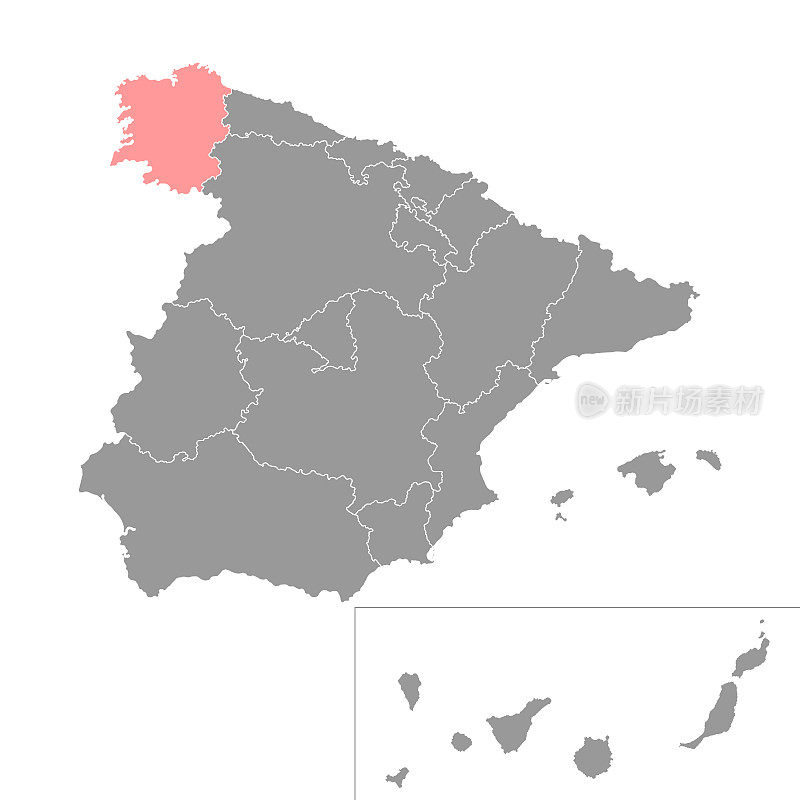 加利西亚地图，西班牙地区。矢量插图。
