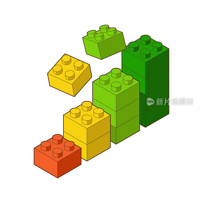 图示玩具积木，儿童积木。矢量等距图。彩色的砖被孤立在白色的背景上。