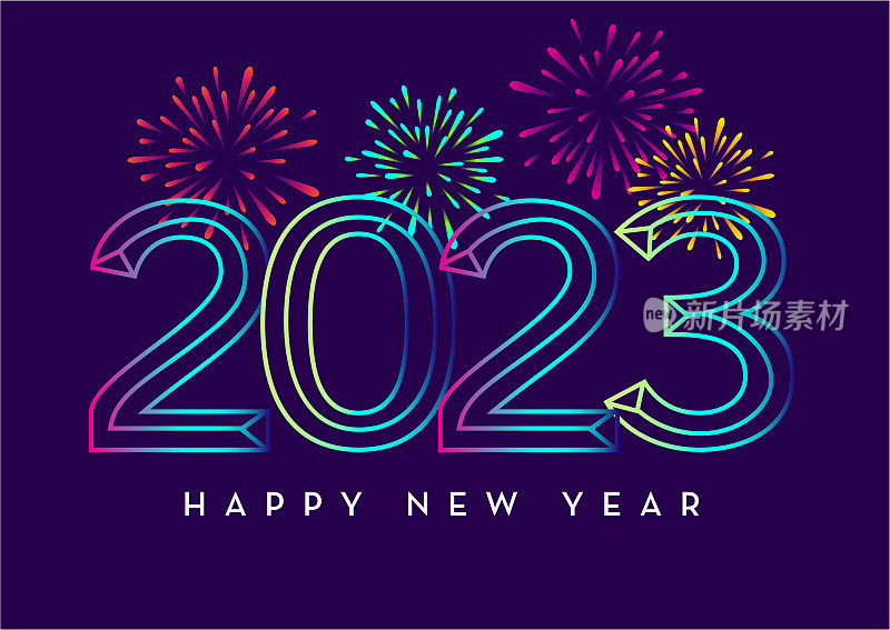 2023年新年快乐贺卡横幅设计在充满活力的色彩与烟花