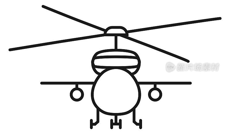 军用直升机线图标。旋翼机前视图