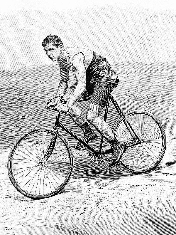 著名的自行车手:威利阿伦德，德国，坐在他的赛车上，侧视图