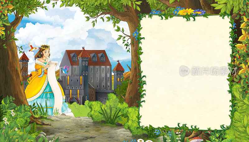卡通自然场景与美丽的女孩公主和城堡与框架文本插图的孩子