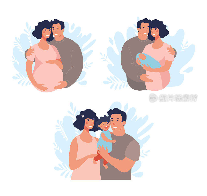 孕妇与丈夫和新生儿集，父母和母亲。怀孕的概念，家庭，医疗保健，给年轻父母的建议。平面矢量图。