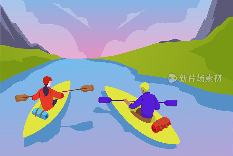 河道景观与游客积极从事水上运动、矢量插图。
