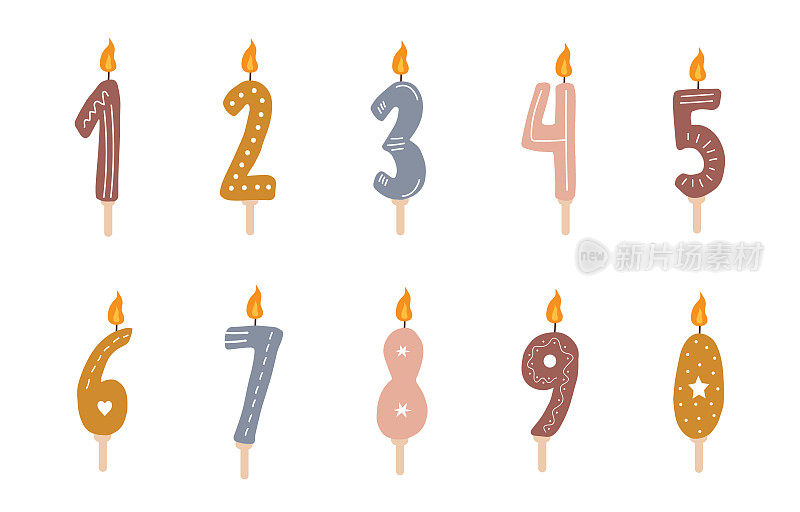 生日号码，燃烧的火焰。可爱的波西米亚元素庆祝。矢量插图在平面卡通风格
