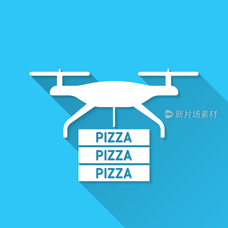 送披萨外卖的无人机。图标在蓝色背景-平面设计与长阴影