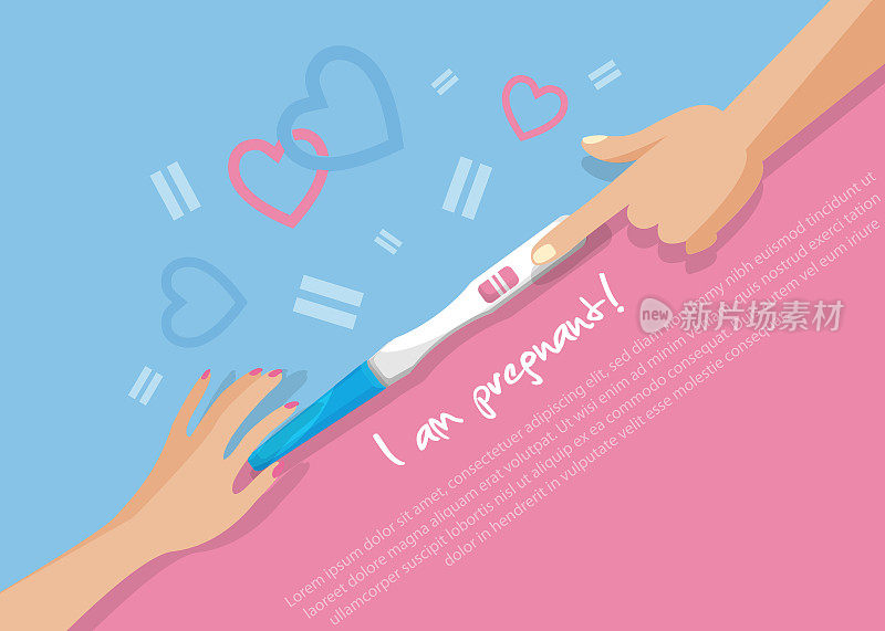 女性生殖系统的概念和怀孕计划的平面风格。一对已婚夫妇的手拿着怀孕测试呈阳性，在彩色背景上有两条条纹，上面有心形和空白的文字。