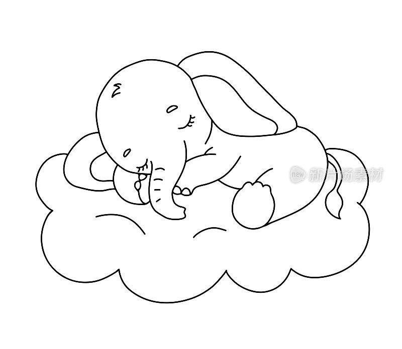可爱的小象在云上做梦。卡通手绘矢量轮廓插图着色书。线宝宝动物