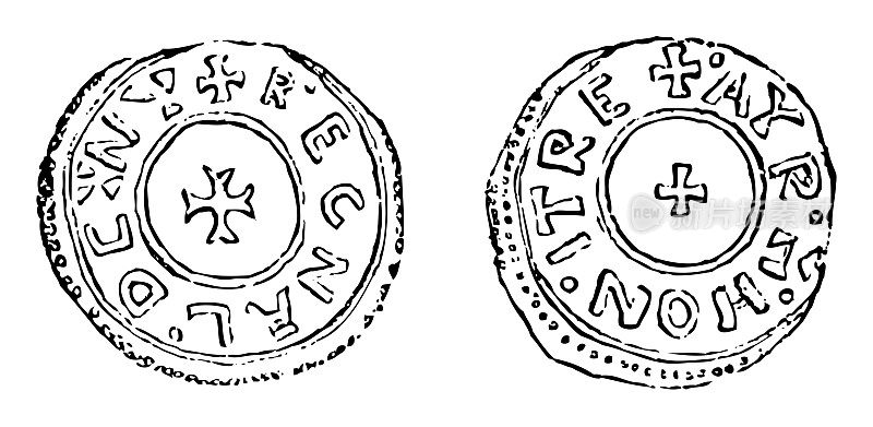 中世纪盎格鲁-撒克逊银便士的诺森比亚国王雷纳尔德(919-921)-复古雕刻插图