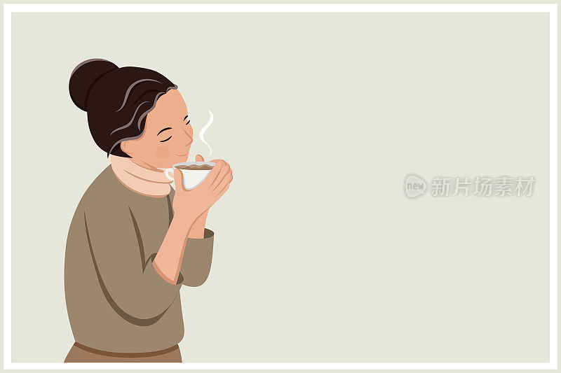 可爱的亚洲女人享受一杯茶。hojiccha茶，粉末。热饮。抗氧化健康饮料。保重，放松。喝咖啡的时间。矢量平面模型与复制空间。
