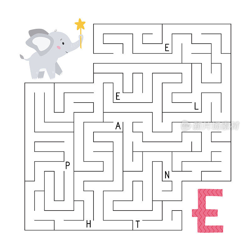 ABC迷宫游戏。儿童益智游戏。字母迷宫。帮助大象找到通往字母E的正确道路。